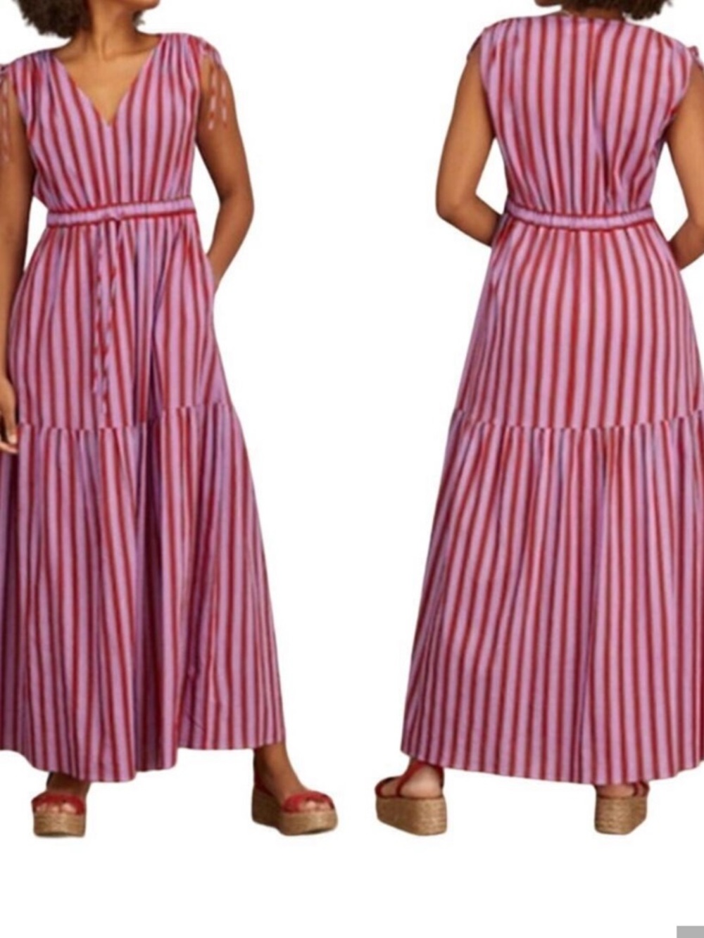 Xirena Cecily V-Neck Tiered Maxi Dress 100% Cotton Berry Striped Women's Size XS
